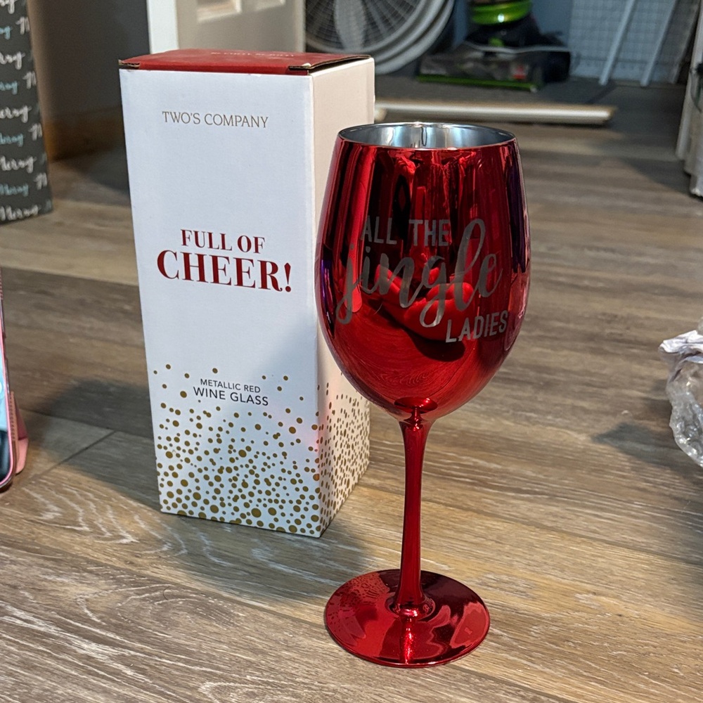Two's Company Festive Metallic Red Wine Glass NIB